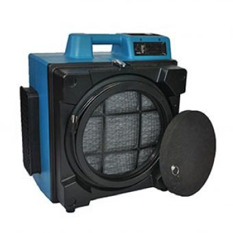 Portable air scrubber with a blue and black design. Used for improving air quality by filtering contaminants in various environments.